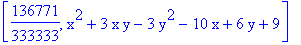 [136771/333333, x^2+3*x*y-3*y^2-10*x+6*y+9]